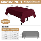 sancua 6 Pack Burgundy Tablecloth 60 x 102 Inch, Rectangle Table Cloth for 6 Feet Tables - Stain and Wrinkle Resistant Washable Polyester Table Cover for Dining Tables, Buffet Parties and Camping
