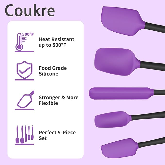 Coukre Silicone Spatula Set of 5,High Temperature Resistant, Food Grade Silicone, Dishwasher Safe, for Baking, Cooking (Purple)