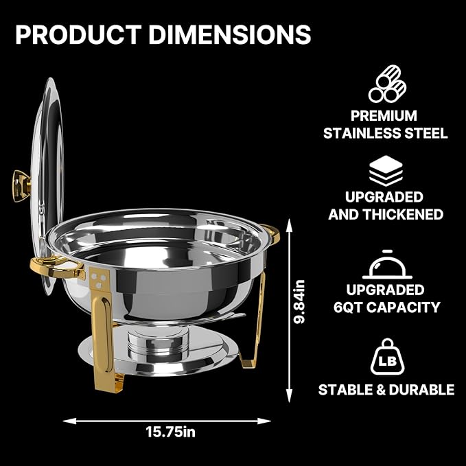Chafing Dishes for Buffet 10 Pack, 6QT Round Chafing Dish Buffet Set Stainless Steel Buffet Food Warmers Sets for Catering Events Parties Dinners with Complete Set,Gold and Silver (10)