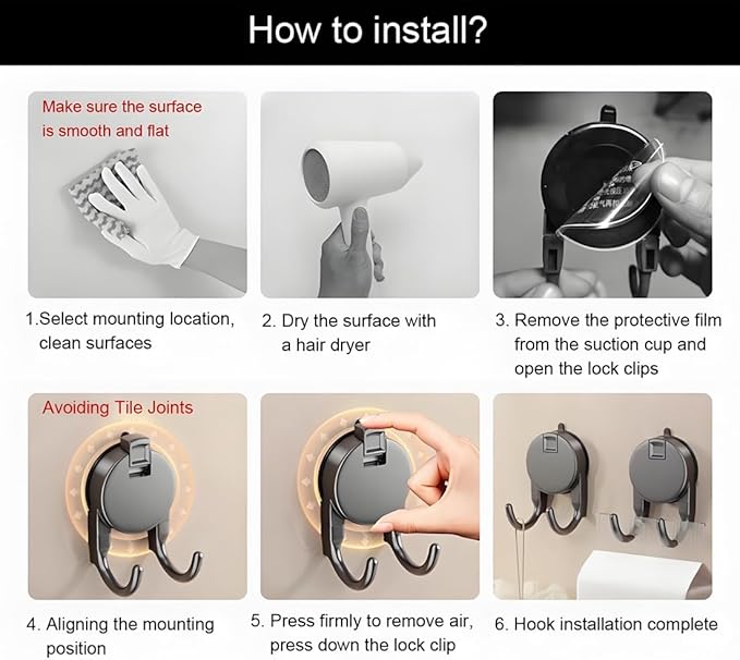 4 Pack Heavy Duty Suction Cup Hooks - No Drill Vacuum Suction Hanger for Bathroom, Kitchen, Glass/Tile/Metal, Holds Towels, Keys, Utensils (Gunmetal Gray)