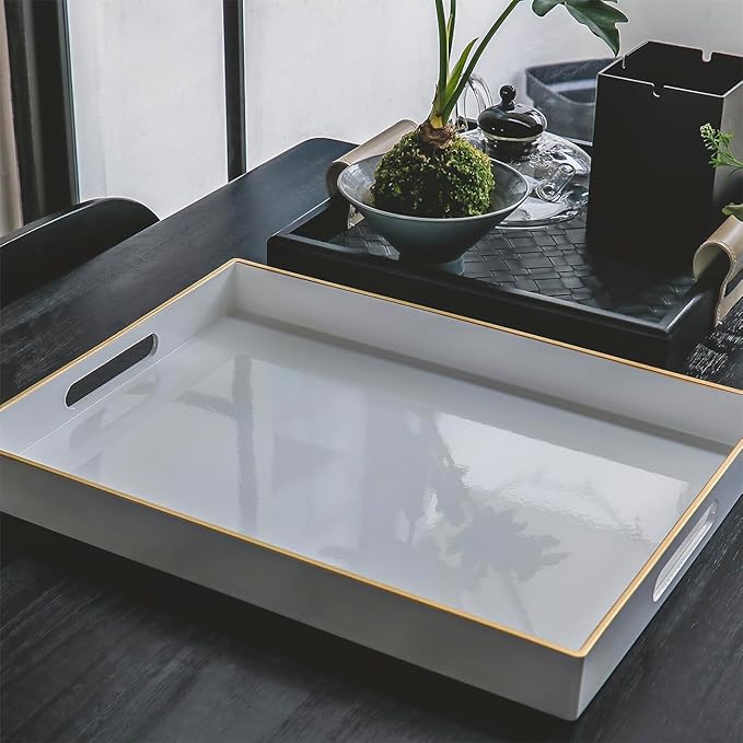 White Sturdy Acrylic Serving Tray with Handles-15.7x11.8Inch, Morden Plastic Rectangular Serving Tray for Coffee Table Bathroom, Ottoman, Home Decor