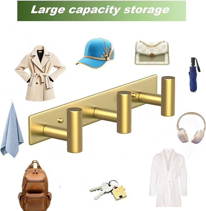 Wall Mounted Coat Rack-3 Hooks, Heavy Duty Stainless Steel Hook Rail for Towel Coat Hat Purse Bag Jacket, Towel Hooks for Entryway Bathroom Kitchen (Gold 3 Hooks - 1 Pack)