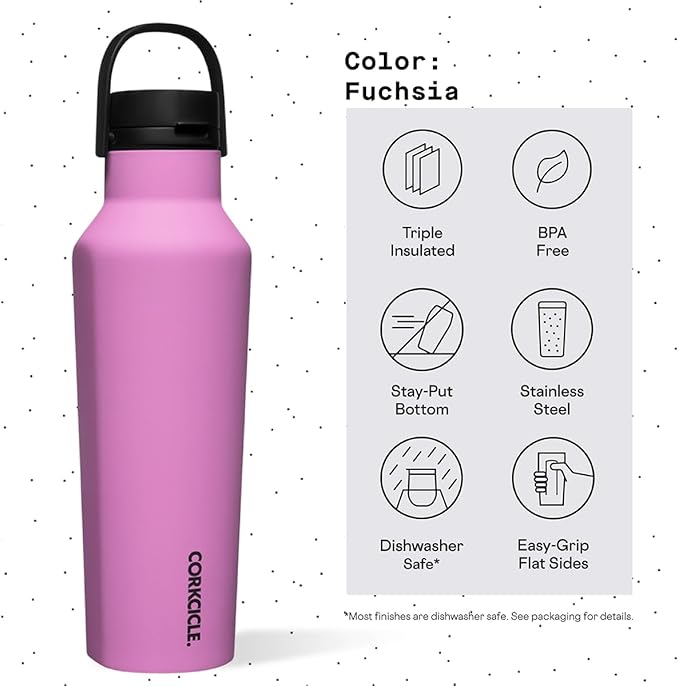 Corkcicle Sport Canteen - Keeps Drinks Cold 25 Hours - Stainless Steel Water Bottle - Triple-Insulated - Spill-Proof - Summer Drinkware Gift - Keeps Drinks Ice Cold - 20 oz - Fuchsia