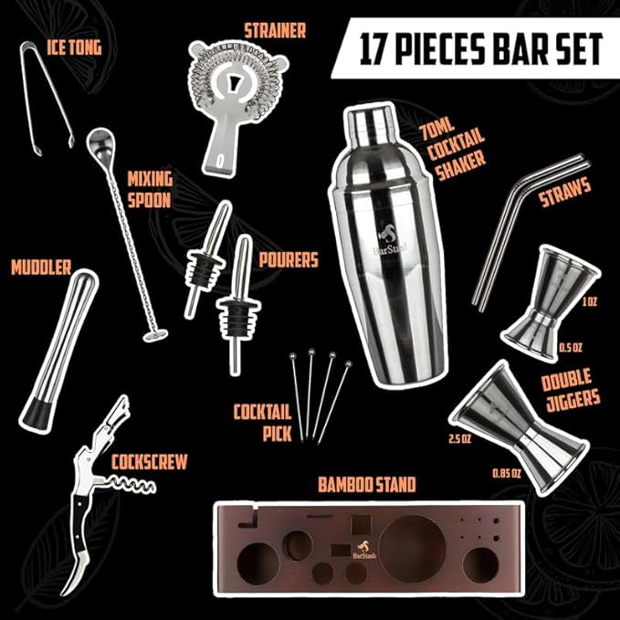 Cocktail Shaker Set Bartender Kit with Stand, Professional Bartending Kit, House Warming Gifts for New Home - Cocktail Mixer Set, Bar Tool Set - Cocktail Kit Bar Accessories for Home Bar Set