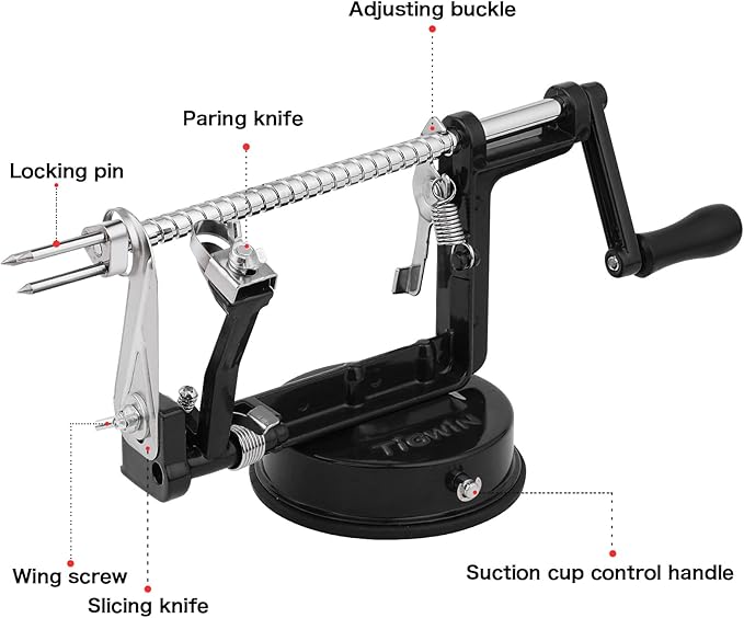Apple Peeler Corer, Long lasting Chrome Cast Magnesium Alloy Apple Peeler Slicer Corer with Stainless Steel Blades and Powerful Suction Base for Apples and Potato(Black)