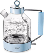 Electric Kettle, ASCOT Glass Electric Tea Kettle 1.5L 1500W Retro Tea Heater & Hot Water Boiler, No Plastic, BPA-Free, Cordless, with Auto Shut-Off and Boil-Dry Protection (Blue)