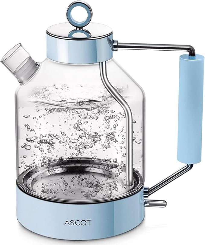Electric Kettle, ASCOT Glass Electric Tea Kettle 1.5L 1500W Retro Tea Heater & Hot Water Boiler, No Plastic, BPA-Free, Cordless, with Auto Shut-Off and Boil-Dry Protection (Blue)