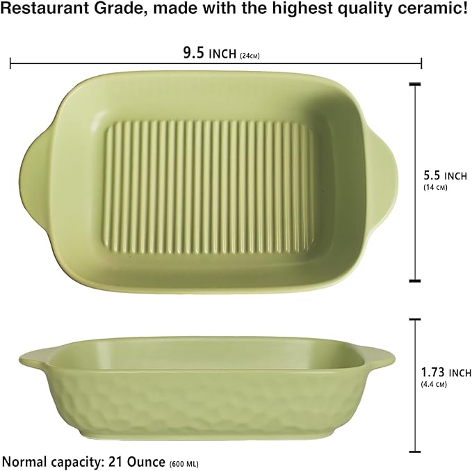 Rectangular Porcelain Baking Dish Set,Au Gratin Dishes,Casserole Dish, Ramekins 21 oz Bakeware Set of 2,Lasagna Pans for Cooking,Cake Dinner,Kitchen, Carry Handles 9.5" x 5.5" (Green
