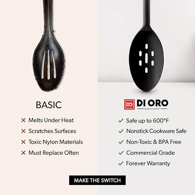 DI ORO Silicone Spoons for Cooking - Large Kitchen Spoons for Mixing, Serving, & Stirring - 600°F Heat-Resistant Non Stick Utensils – Big Solid & Slotted - Dishwasher Safe (2pc, Black)