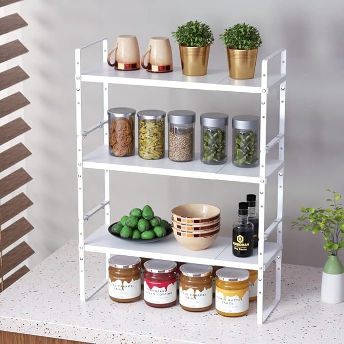 Expandable Stackable Spice Rack Cabinet Shelf Organizer in Cabinets Shelves Kitchen Cupboard Organization Stack up Racks Pantry Countertop Storage Medium/White 3 Packs