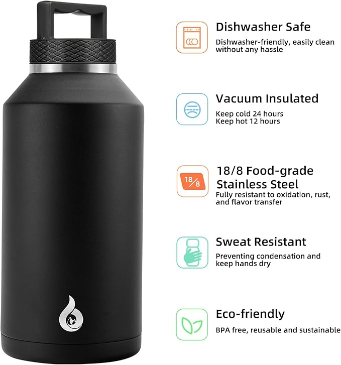 BJPKPK Half Gallon Water Bottle Insulated, Dishwasher Safe 64 oz Water Bottle with Handle, Leakproof BPA Free Water Jug, Large Stainless Steel Thermos for Sports, Black