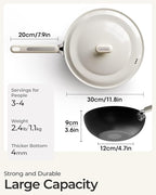 Carbon Steel Wok Pan - 11.8 Inch Pre-Seasoned Flat Bottom Chinese Woks & Stir Fry Pans with Lid, Lightweight Kitchen Cookware for All Stovetops, Gas, Electric, Gift Set for Women/Mom