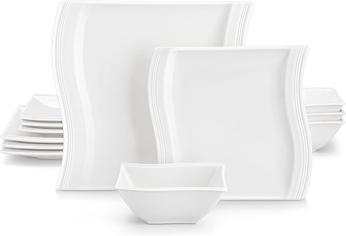 MALACASA Ivory White Dinnerware Set, 12 Pieces - Porcelain Dinner Plates, Dessert Plates and Bowls, Square Flora Pattern