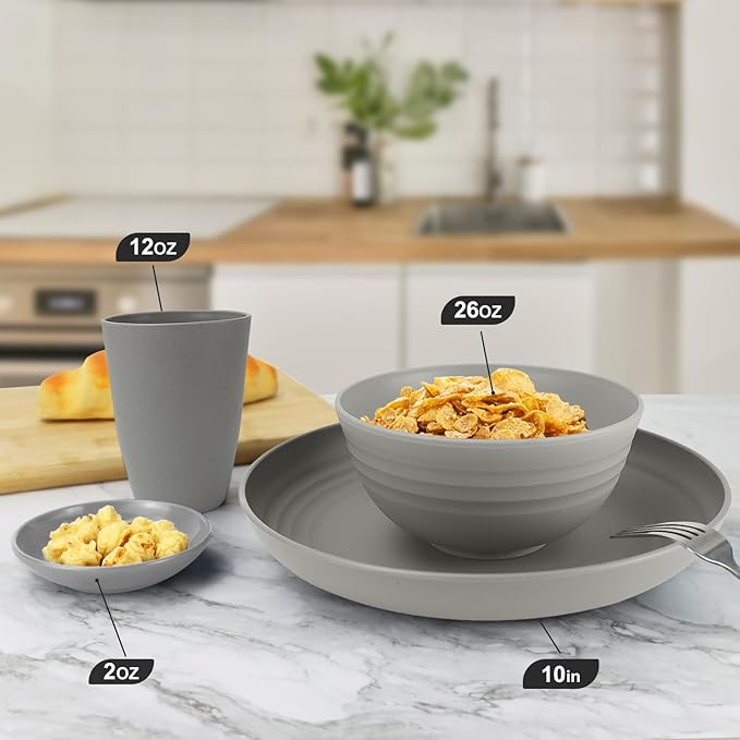 Wheat straw plates and bowls sets of 16 - Unbreakable wheat straw dinnerware sets for party - Alternative plastic dinnerware set for camping,party and R.V. Grey