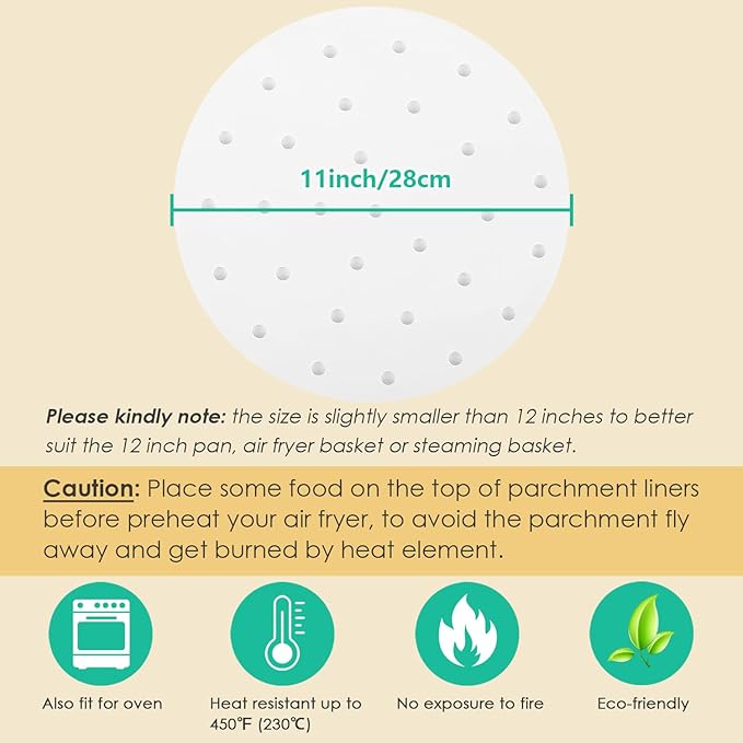 100pcs 11 Inch Round Air Fryer Liners, Fits 12-Inch Bamboo Steamer Baskets, Premium Perforated Parchment Paper Sheets, Non-stick Basket Mat, Perfect for Steaming/Baking/Air Fryers/Cooking