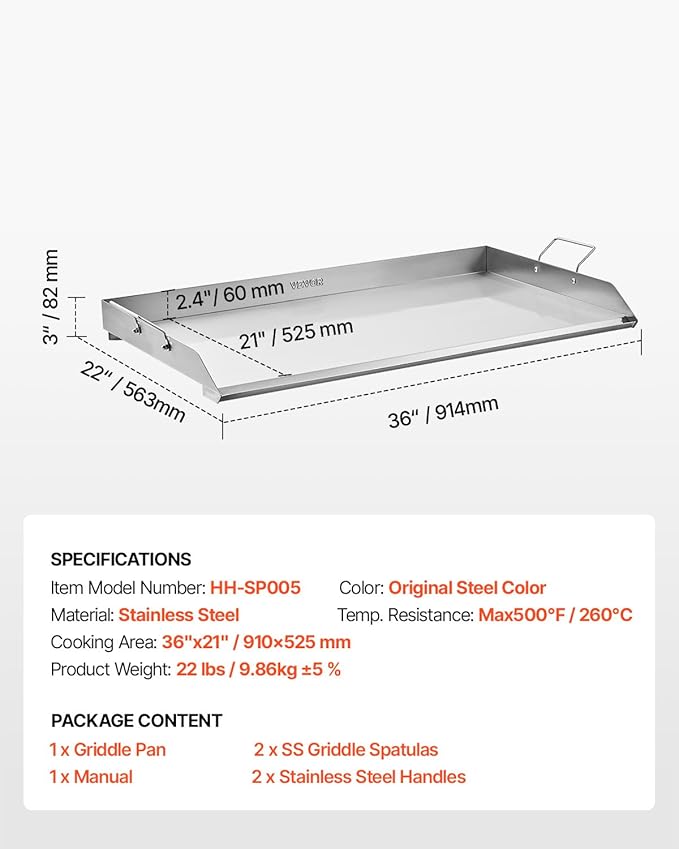 VEVOR Stainless Steel Griddle, 36x22 inch Universal Flat Top Rectangular Plate, Gas Grill Griddle for BBQ Grill, Teppanyaki, Portable Family Cookware with Handle, for Camping Tailgating Party