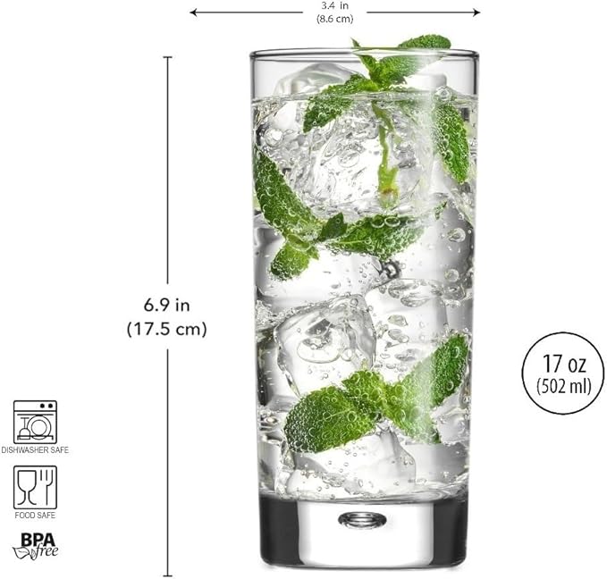Home Essentials & Beyond Highball Glasses set of 4, 17 oz Drinking Glasses, Red Series Heavy Bubble Base