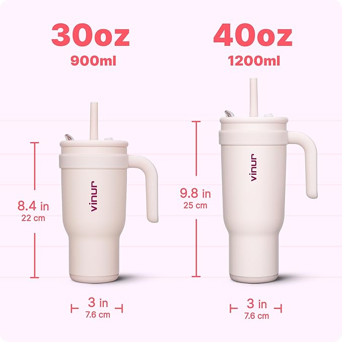 VINUR Insulated Tumbler with Handle-18/8 Stainless Steel Tumbler with Lid and Straw-Reusable Drink Water Cup Travel Mug for Women| Fits Cupholders|30 oz | Pink