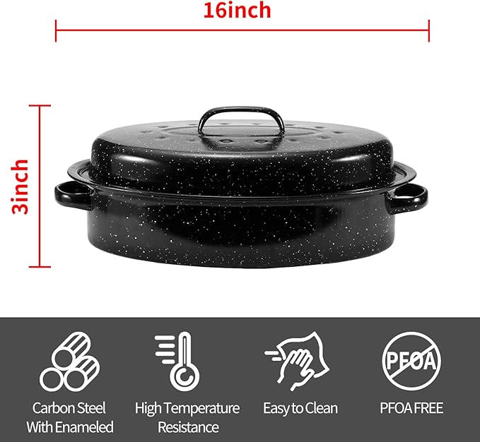 Granite Roasting Pan, Medium 16” Enameled Roasting Pan with Domed Lid. Oval Turkey Roaster Pot, Broiler Pan Great for Small Turkey, Chicken, Ham, Dishwasher Safe Fit for Roast 12Lb Bird by Kendane