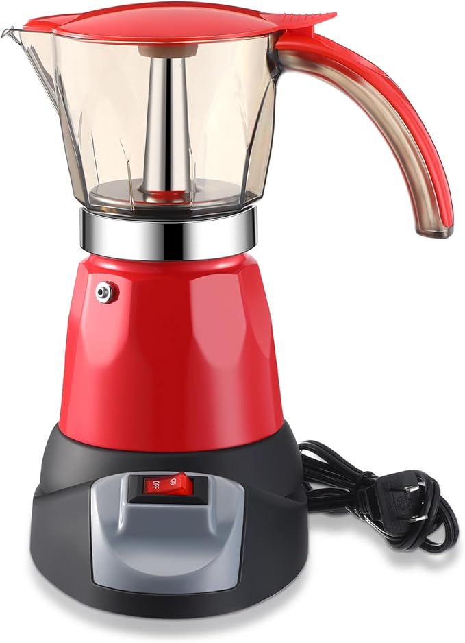 Electric Espresso Maker Transparent Coffee Maker Electric Moka Pot Portable Aluminum Espresso Machine Italian Moka Pot with Detachable Base, Coffee Gift for Women Men Home Travel(Red,6 Cup)