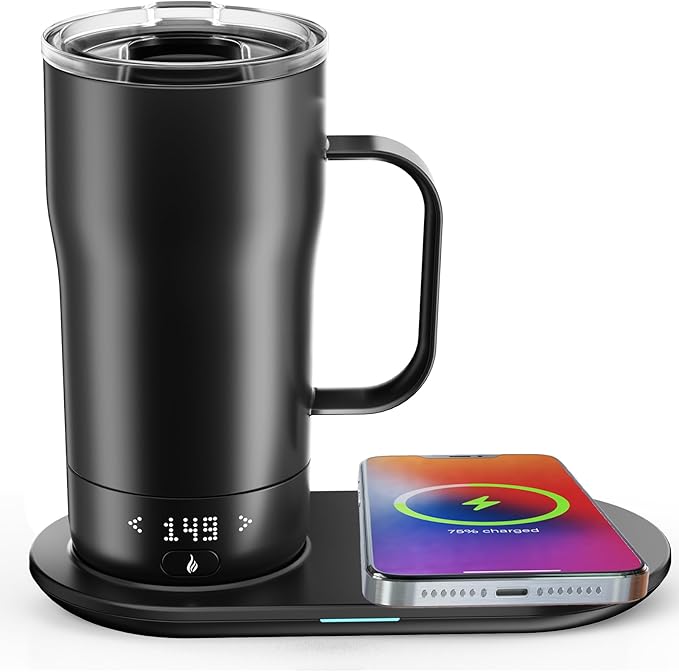 Smart Self Heating Coffee Mug 18 Oz Temperature Control Heated Coffee Mug App Controlled Warmer Mug 5-10 Hour LED Display Keep Coffee Hot All Day Fast Wireless Charger Base Iron Black