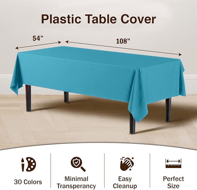Exquisite Party Solids 12-Pack Premium Plastic Tablecloth 54in. x 108in. Rectangle Table Cover - Turquoise