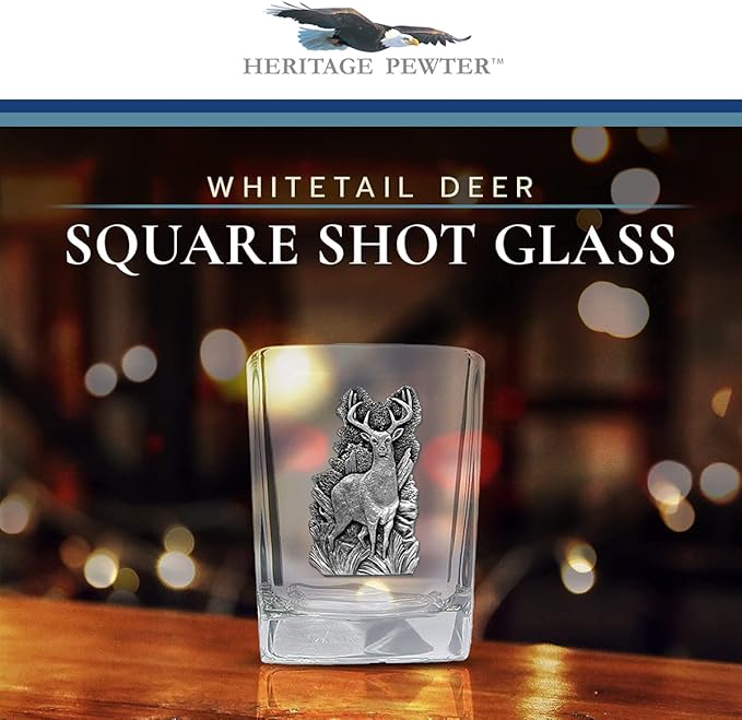 Heritage Pewter Whitetail Deer Square Shot Glass | Hand-Sculpted 1.5 Ounce Shot Glass | Intricately Crafted Metal Pewter Inlay