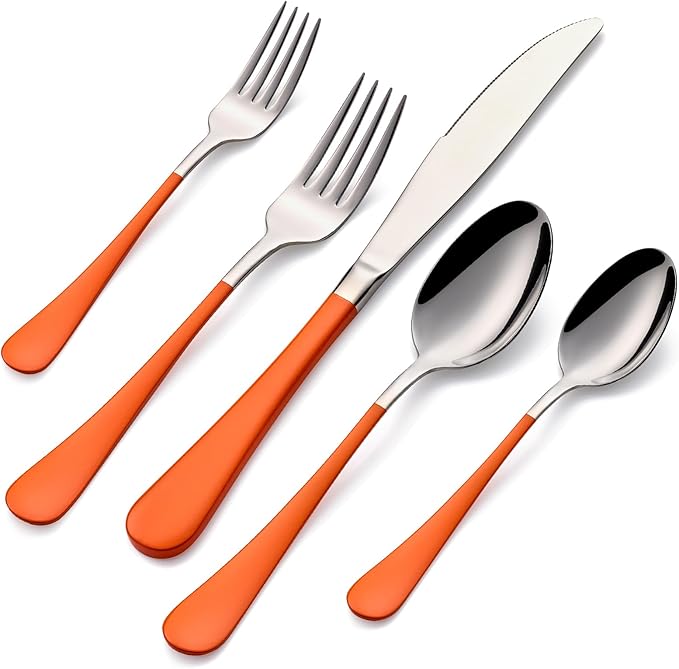 20-Pieces Orange Silverware Sets for 4,Orange Handle Stainless Steel Cutlery Set, Include Forks Spoons and Knives Set, Dishwasher Safe Utensil Sets for Home Restaurant