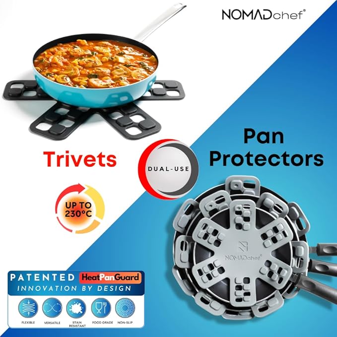Dual-Use Silicone Pan Protectors for Stacking & Trivets for Hot Dishes | Silicone Trivet Mat | Perfect for Pot and Pan Protectors | 2-Pack Medium (12.5in) Cookware Protectors (M2-BLK/Grey)