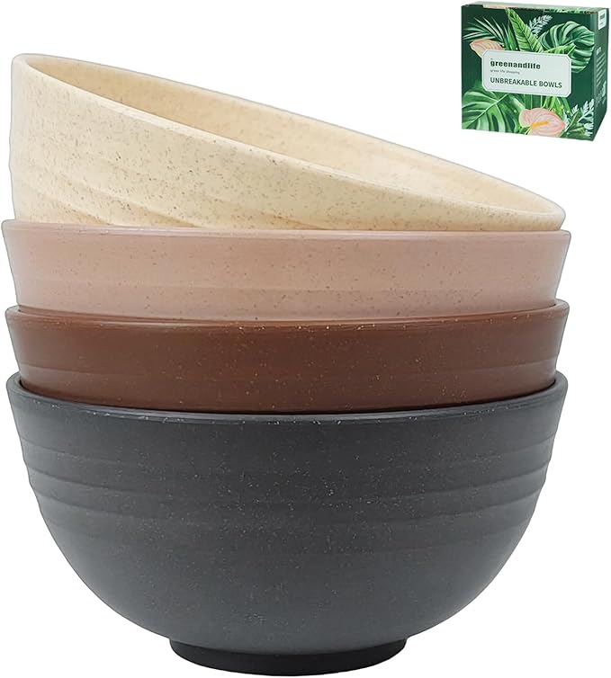 greenandlife 24oz/4PCS Wheat Straw Cereal Bowls, Lightweight Unbreakable Noodle Fruit Soup Rice Bowls Dishwasher Microwave Safe Bowl Sets, Non-toxin, BPA Free, Earth Tone