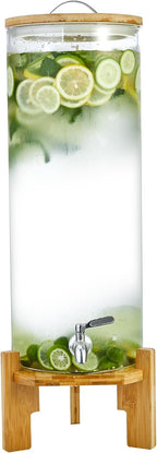 Beverage Dispenser 3.5 Gallon with Spigot Glass Water Dispenser for Parties, Bars, Restaurants (13L）with Wood Stand Drink Dispensers