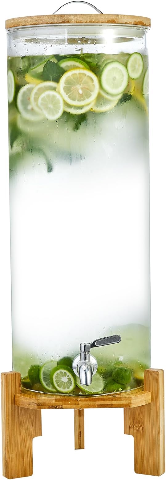 Beverage Dispenser 3.5 Gallon with Spigot Glass Water Dispenser for Parties, Bars, Restaurants (13L）with Wood Stand Drink Dispensers