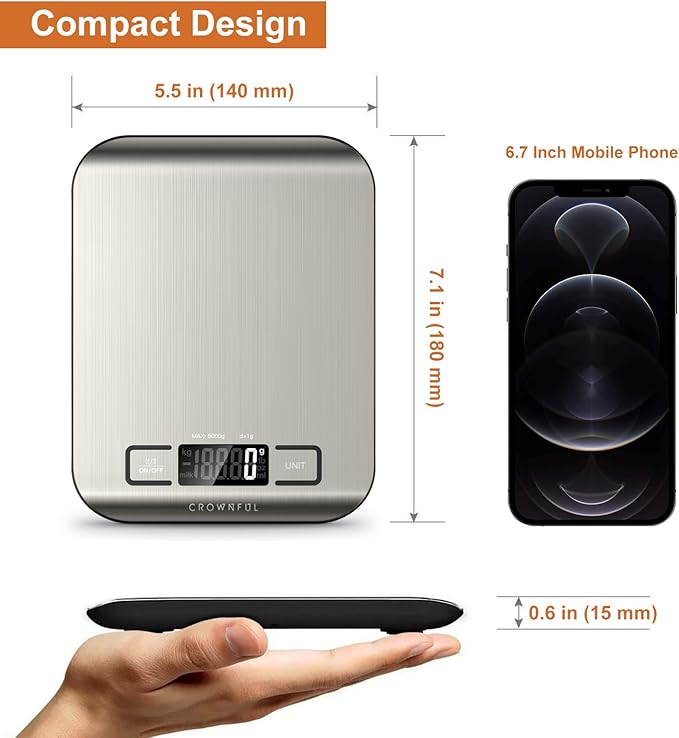 CROWNFUL Food Scale, 11 lb Digital Kitchen Scales with Built-in Coin Battery, Weight Ounces and Grams for Cooking and Baking, 6 Units with Tare Function, LCD Display, 304 Stainless Steel