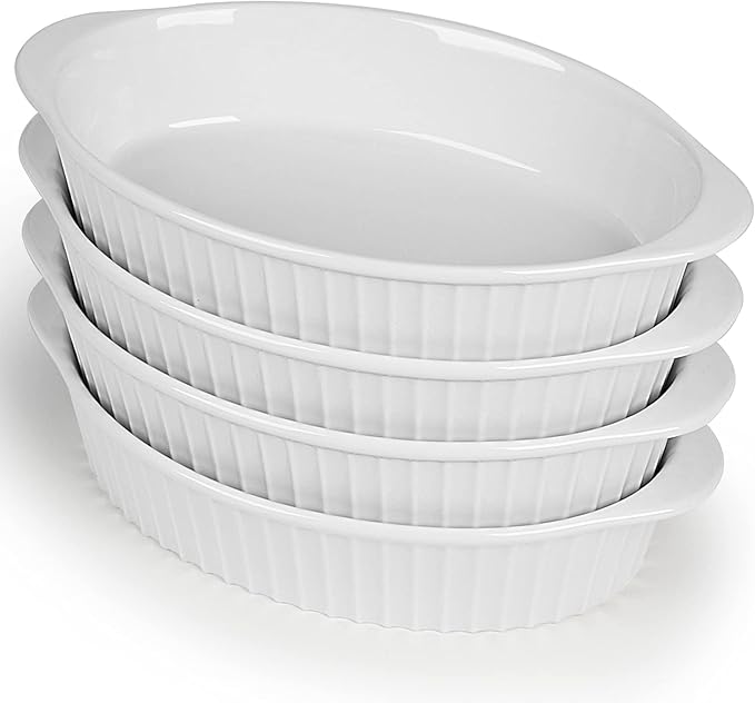LEETOYI Porcelain Small Oval Au Gratin Pans, Set of 4 Baking Dish Set for 1 or 2 person servings, Bakeware with Double Handle for Kitchen and Home, White