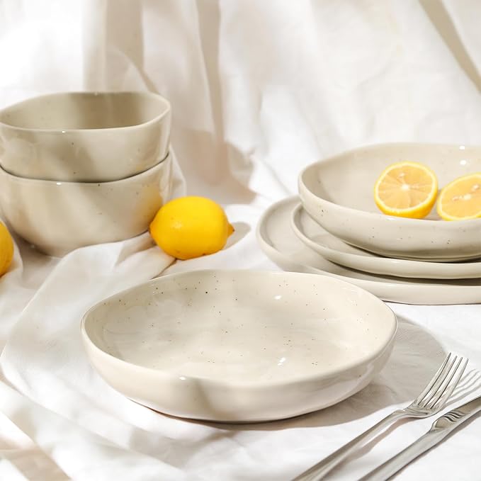 Stone Lain Mirella 4-Piece Pasta Bowl Set Stoneware, Microwave and Dishwasher safe, Beige