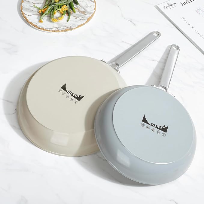 MsMk 5-Piece Ceramic Non Stick Pans Set 8, 10, 12 Inch Frying Pans, 10inch and 12 Inch with Tempered Glass Lids, Stay-Cool Handles, Oven Safe 700℉, Compatible with All Cooktops