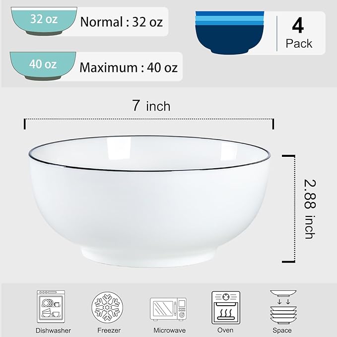 40 oz Large Soup Bowl, Pho Bowls, 7-Inch Rimmed Off-White Porcelain Bowls Set of 4