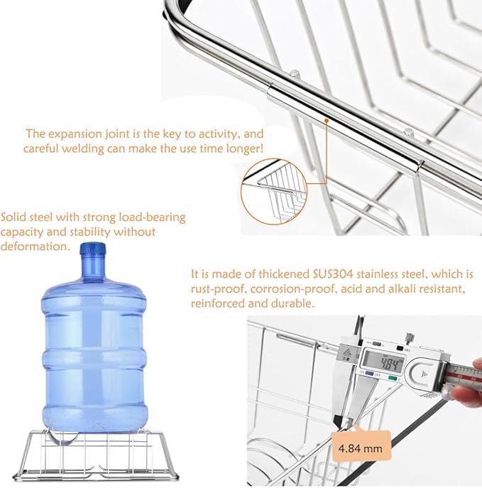 Stainless Steel Dish Drying Rack(15"L x 8.3"W x 4.2"D), Expandable Fruit & Vegetable Drain Rack over Sink, Dish Drainer Rack in Sink, with Stainless Steel Utensil Holder & 16" Silicone Mat