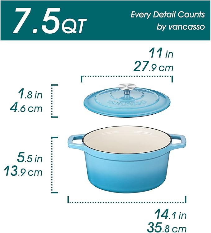 vancasso 7.5 QT Enameled Cast Iron Dutch Oven with Lid - Nonstick Enamel Coating, Tight-Sealing Pot for Bread Baking, Braising, Soups & Stews, Oven/Stovetop/Grill Safe, Blue