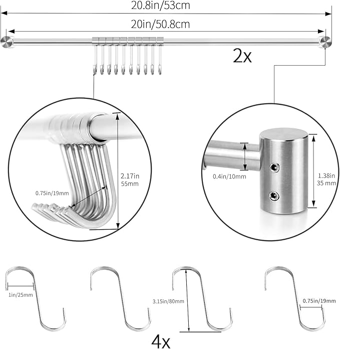 Kitchen Utensil Rack 2 Pack, 20.9 Inch Pots and Pans Hanging Rack Wall Mounted, 304 Stainless Steel Lid Cooking Utensil Hanger