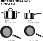 5 Ply Base Pots and Pans Set, 18/8 Stainless Steel Cookware Set of 6, Non Stick Frying Pans, Dishwasher Safe