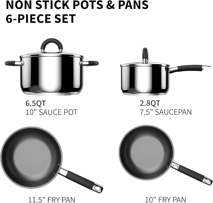 5 Ply Base Pots and Pans Set, 18/8 Stainless Steel Cookware Set of 6, Non Stick Frying Pans, Dishwasher Safe