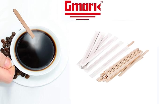 Gmark Individually Wrapped 5.5" Coffee Stir Sticks (length 140mm, width 6mm, thick 1.3mm) - 500pc Round End, Eco Friendly Coffee Stirrers for Hot Drinks - Natural Birch GM1014A