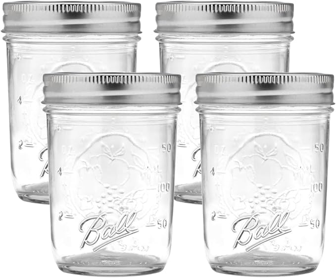 Ball Regular Mouth Glass Mason Jars with Lids and Bands, Used for Canning (Half Pint, 8 Ounce (Pack of 4))