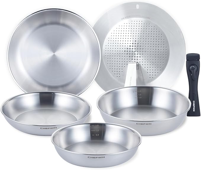 316 Stainless Steel Removable Handle Cookware, 5-Ply Stackable Cookware Set, 6-Piece Pans with Universal Lid, Induction Compatible, Oven & Dishwasher Safe