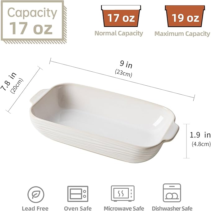 Casserole Dishes for Oven, 9 x 8 inch Ceramic Baking Dish, 17 Oz Rectangular Deep Lasagna Pan, Porcelain Baking Pan with Handles, White Bakeware Au Gratin Pans, Housewarming Gift, Dishwasher Safe