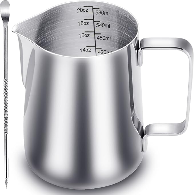 CAMKYDE Milk Frothing Pitcher 20 oz, Stainless Steel Espresso Steaming Pitcher with Decorating Pen for Coffee, Espresso Machines, Cappuccino, Latte Art (Silver)