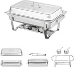 VEVOR Chafing Dish Buffet Set, 8 Qt 2 Pack, Stainless Steel Chafer with 2 Full Size Pans, Rectangle Catering Warmer Server with Glass Lid Water Pan Folding Stand Fuel Holder, for Wedding Party Banquet