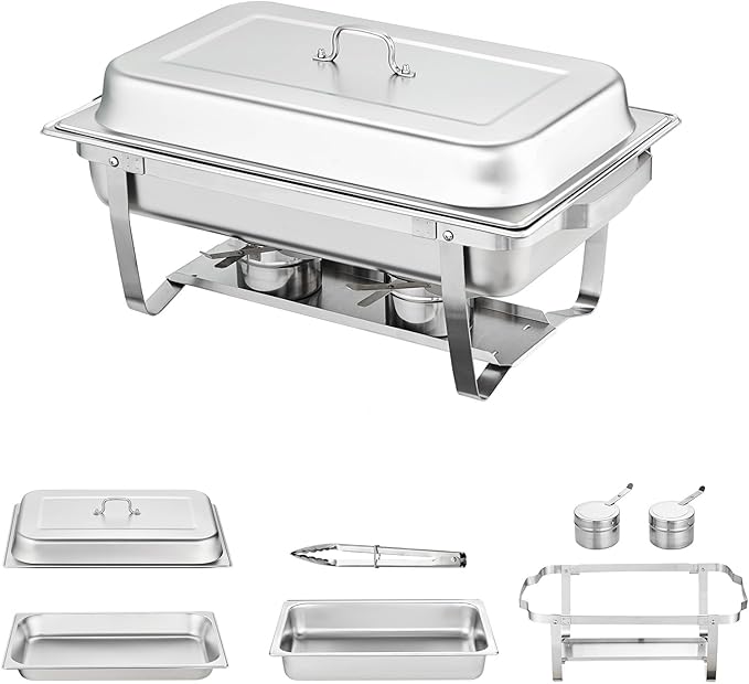 VEVOR Chafing Dish Buffet Set, 8 Qt 2 Pack, Stainless Steel Chafer with 2 Full Size Pans, Rectangle Catering Warmer Server with Glass Lid Water Pan Folding Stand Fuel Holder, for Wedding Party Banquet
