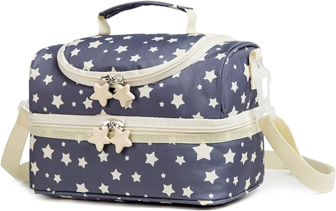 Kids Dual Compartment Lunch Bags Tote for Boys Girls Toddler Lunch Boxes Pre-School Toddler Kindergarten Picnic Camp Food Cooler Thermal with Strap (Yellow Star)